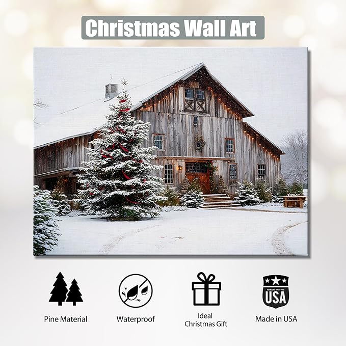 Rustic White Barn & Christmas Tree Winter Landscape Canvas Wall Art - Farmhouse Christmas Framed Canvas Prints, Rustic Christmas Wall Decor for Living Room, Cozy Christmas Gifts & Festive Decorations