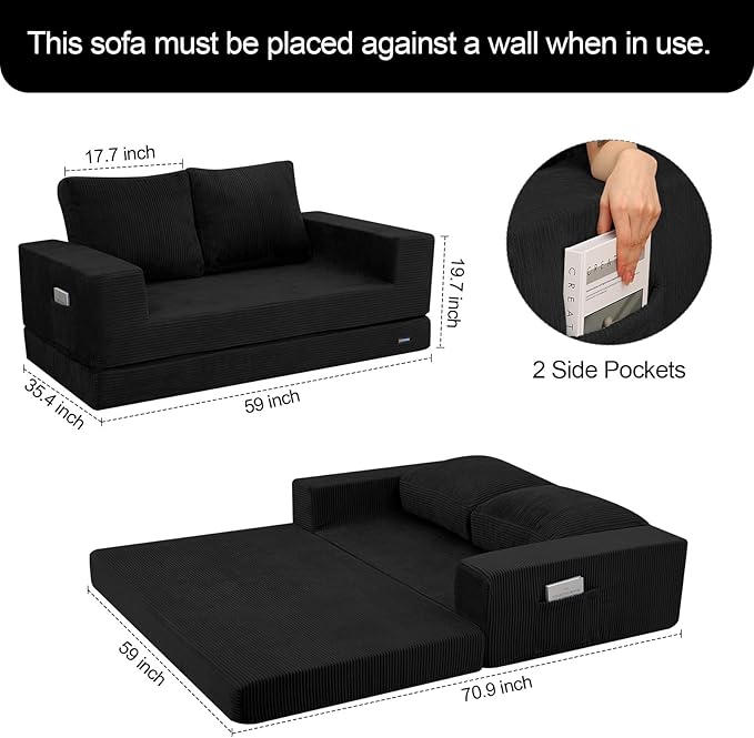 COMAX Convertible Sofa Bed Queen, Folding Fold Out Couch Bed, Floor Futon Couch Corduroy Sleeper Mattress with Back Pillows, Boneless Sofa Comfy Lounge Loveseat for Living Room Bedroom, Black