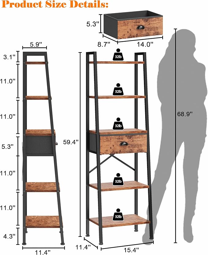 Furologee 5 Tier Ladder Shelf, Tall and Narrow Bookshelf with Drawer,Standing Bookcase Units, Industrial Open Display Shelves Organizer for Bathroom,Kitchen,Bedroom,Living Room,Rustic Brown
