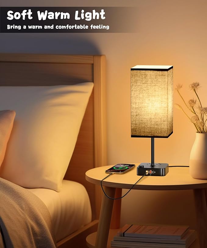 RGB Table Desk Lamp with 16 Million Colors & Music Sync | Smart Color Changing Nightstand Light Stepless Dimmable Warm-Cool White + USB Charging AC Outlets for Gaming,Home Office,Bedroom Mood Lighting