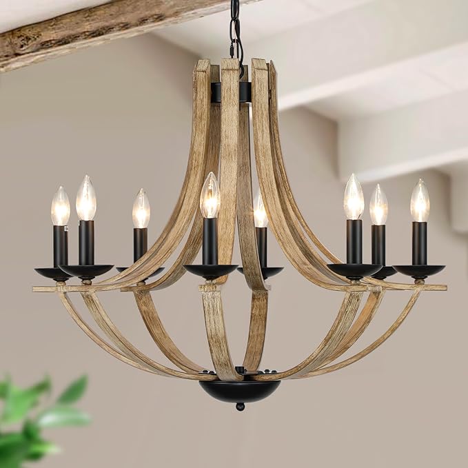 Farmhouse Chandeliers for Dining Room Light Fixture, 8-Light 28" Adjustable Height Retro Faux Wood Texture Rustic Light Fixtures for Living Room Bedroom Kitchen Island Foyer Entryway