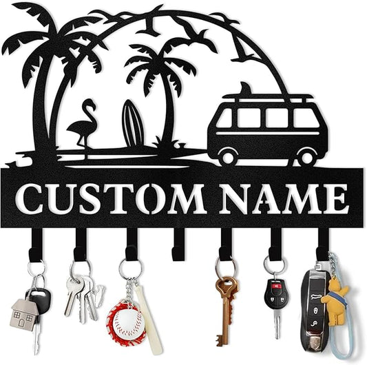 Personalized Key Holder for Wall, Beach Theme Key Holder Wall Mount with Hooks, Coconut Trees Key Hanger Wall Decor for Pool Bathroom Hallway Entryway Office, Customized Home Decor Gifts Color02