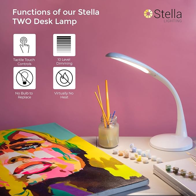 Stella Two Task Lamp, Adjustable Desk Lamp, Dimmable LED Light with Custom Color Temperature for Desk, Home Office, Bedroom, or Living Room, Modern Design for Work, Study, and Reading Needs (12W)
