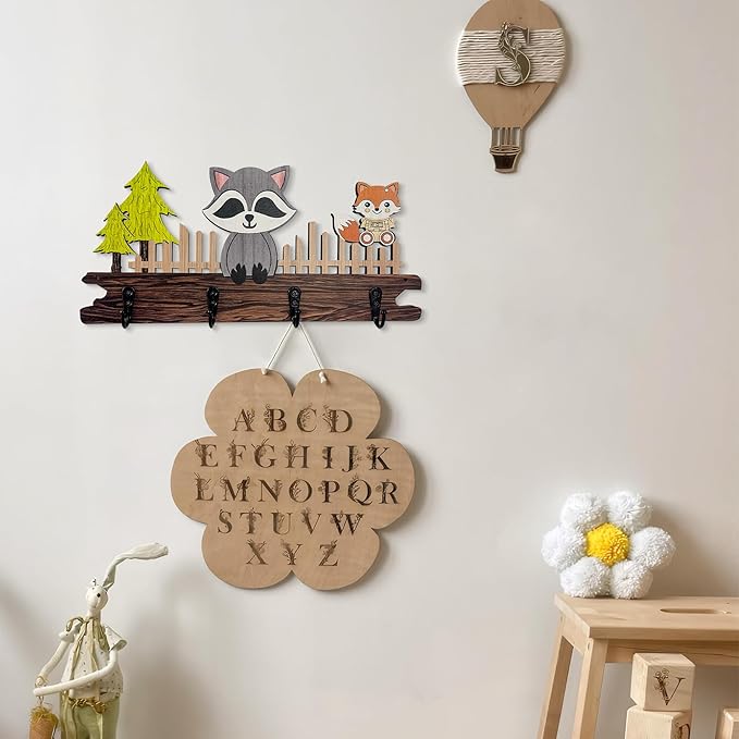 Dog Leash Holder for Wall Mount, Farmhouse Wooden Dog Claw Hooks, Paws Key Rack Accessories for Rustic Home Decor (Raccoon)