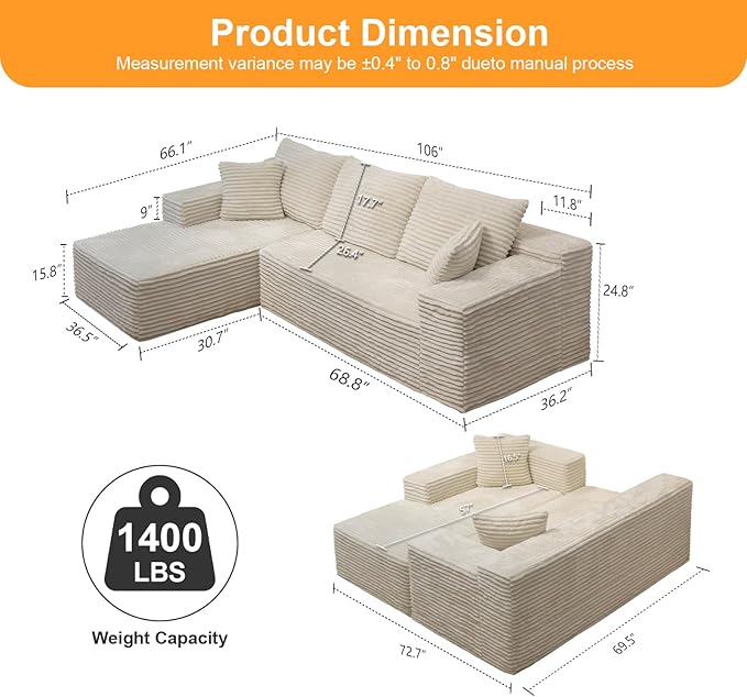 106'' Boneless Couches for Living Room, L Shaped Modular Sectional Sofa with Chaise Lounge, Faux Rabbit Fur & Layered Cushion Deep Seat Cloud Couch, No Assembly (Beige, Left Facing Chaise)