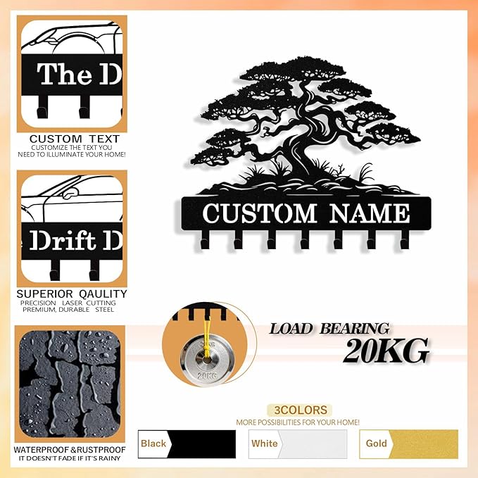 Personalized Key Holder Wall Mount, Custom Tree of Life Metal Keys Holder for Wall with Name, Wall Key Hanger Rack with Hooks for Entryway, Front Door, Living Room, Kitchen, Bathroom, Garden