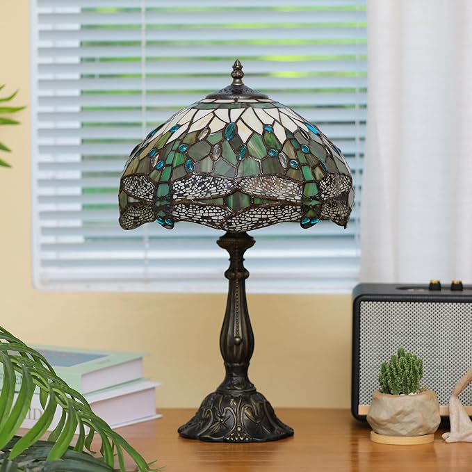 Tiffany Lamps White Brown Dragonfly Style Stained Glass Table Lamp Desk Bedside Reading Light 12X12X18.5 Inches with Bronze Resin Base Applicable to Bedroom Living Room Office