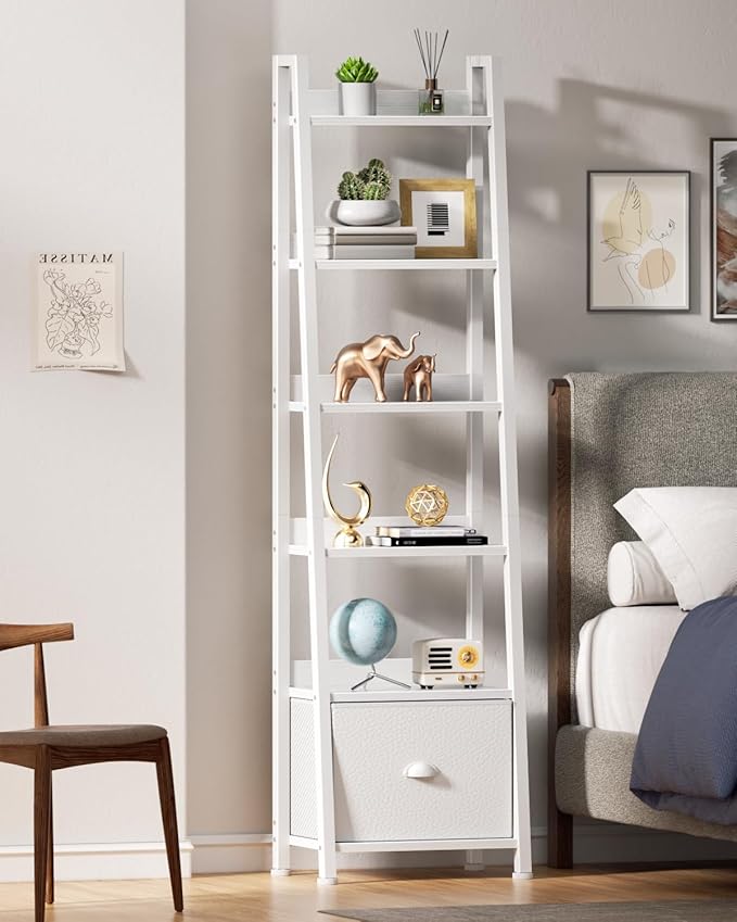 Furologee 6 Tier Ladder Shelf,Ladder Bookshelf with Drawer,Modern Tall Bookcase,Storage Rack Organizer,Wood Metal Freestanding Shelves for Living Room, Home Office, Bedroom, White