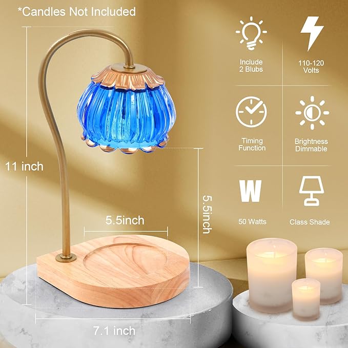 Candle Warmer Lamp with Timer, Dimmable Candle Warmer Lantern Light, Electric Glass Shade Jar Candle Warming Holders for Home Decoration Gift for Women, Dark Blue