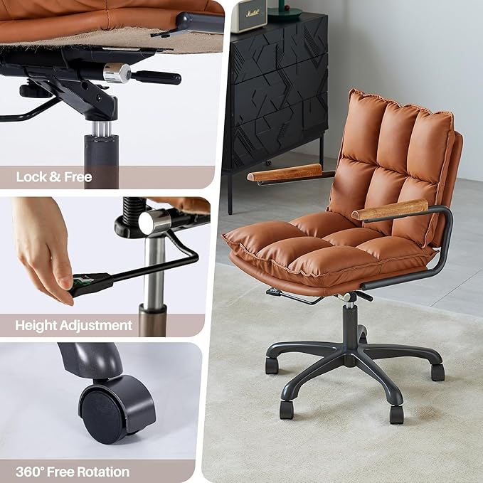 Home Office Desk Chair, Ergonomic Computer Chair with Wheels and Oak Arms, Adjustable Height Rolling Swivel Executive Task Armrests Chair, Rust Brown