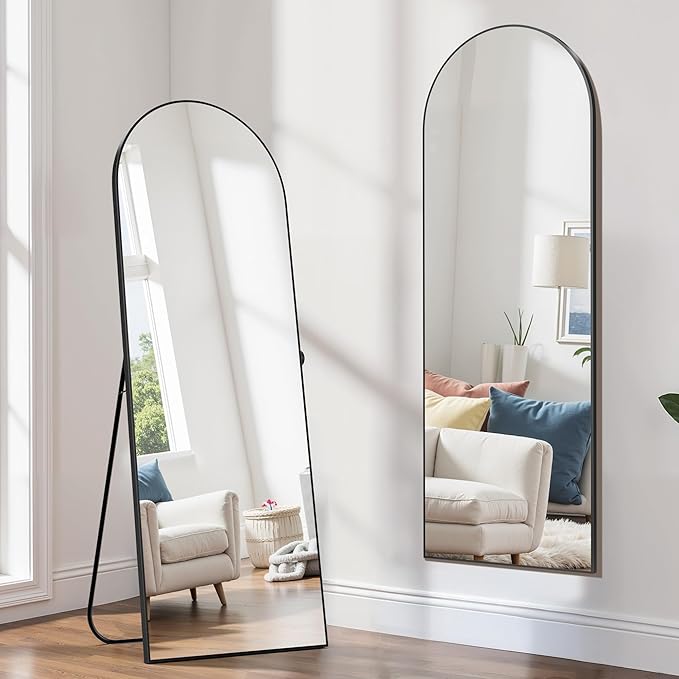 Arched Full Length Mirror, 64.1"×21.1" Floor Mirror with Stand, Hanging Mirrors Full Length for Home Decor, Large Mirrors for Bedroom Bathkroom Décor, Black