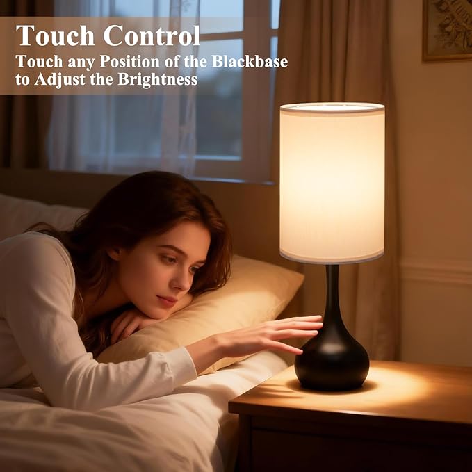 ONEWISH Touch Bedside Lamp for Bedroom, 3-Way Dimmable Table Lamps for Nightstand, White Fabric Shade Desk Lamp for Kids Reading, Living Room, Home Office