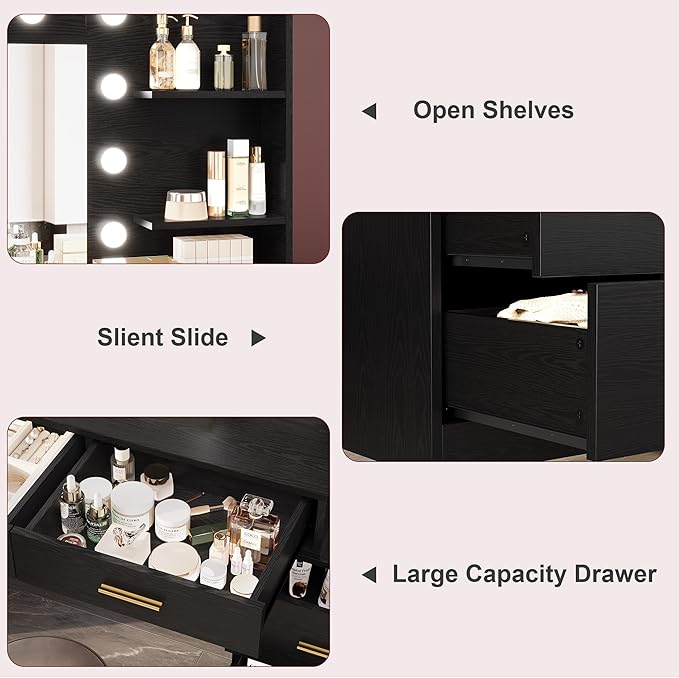 61" Vanity Desk with Mirror & Lights, White Makeup Dressing Table with 8 Drawers & 2 Shelves, 3 Lighting Modes with Adjustable Brightness for Bedroom, Black
