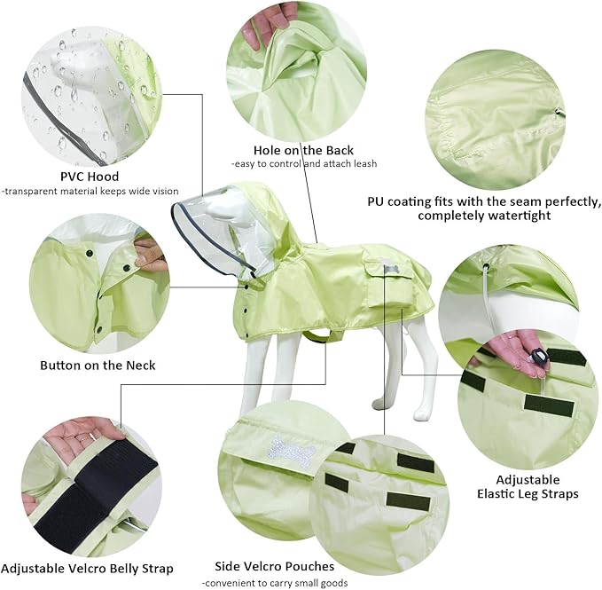 Waterproof Dog Raincoat, Adjustable Reflective Lightweight Pet Rain Clothes with Poncho Hood(XX-Large,Light Green)