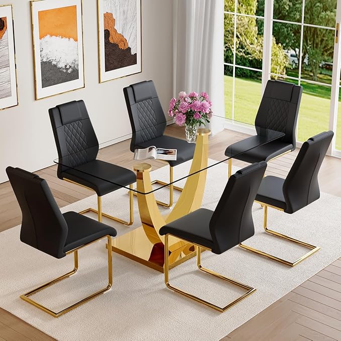 AZmac 63" Glass Dining Table Set for 6,Luxury Gold Dining Room Set with Stainless Steel Pedestal, Rectangular Tempered Glass Kitchen Table with PU Leather Chairs, for Kitchen Apartment
