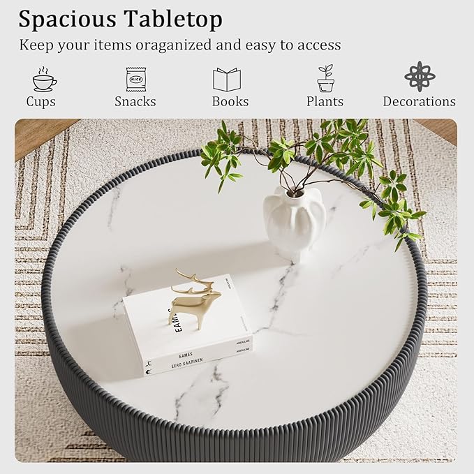 Round Coffee Table Set with Sintered Stone Tabletop, 27.56" Grey Drum Center Table and 19.69" White Coffee Table Set, 2 Pieces Living Room Table Set with Fluted PU Leather Cover& Metal Base