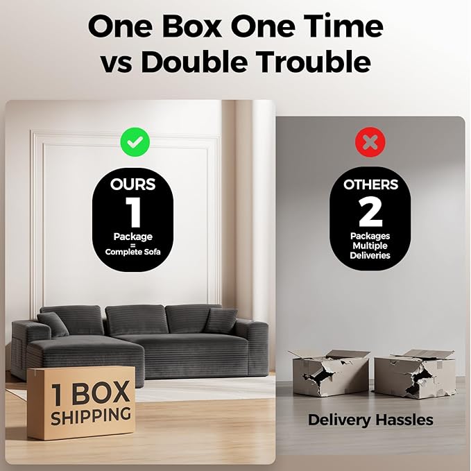 108” Cloud Sectional Couch in One Box, Compressed Modular Sectional Sofa with Deep Seat, Corduroy Boneless Couches, L-Shaped Sofa for Living Room, 4 Storage Pockets(Left Facing Chaise, Grey)