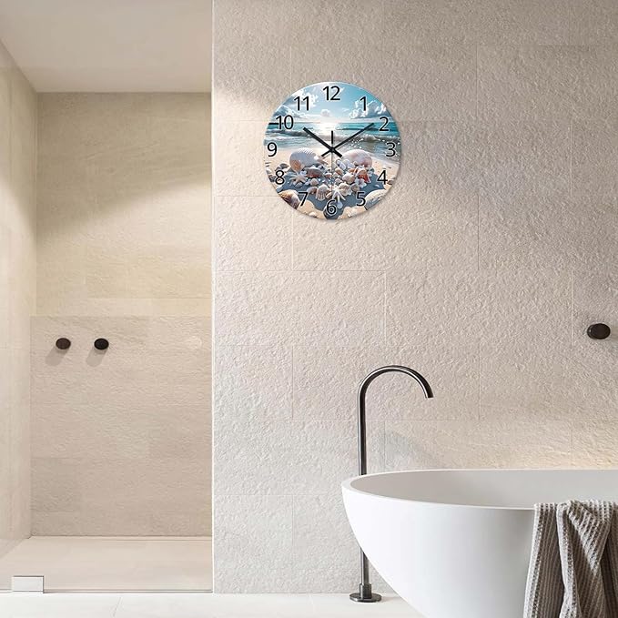 XNM Analog Blue Beach Wall Clocks for Living Room Coastal Sea Shell Wall Clocks Battery Operated 12 Inch Modern Round Glass Wall Clock Non Ticking