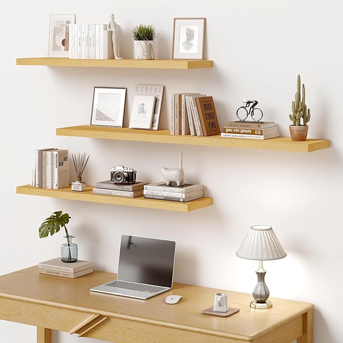 Vivelove 10" Deep Floating Shelves with Invisible Brackets, 48" Wall Shelves for Bathroom Bedroom Kitchen Living Room Laundry Room, Modern Rustic Shelves for Home Decor, 48"x10.2"x1.5", Set of 2, Oak
