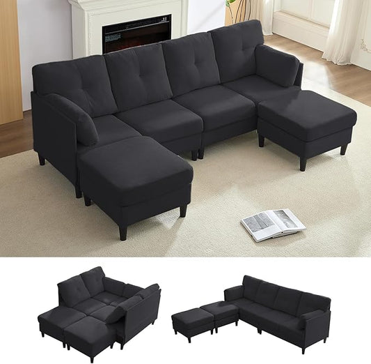 PUREMIND Sectional Couches for Living Room, Modern Snow Velvet U-Shaped Sofa Couch with Double Chaise, Upholstered 4 Seater Home Sofa for Living Room, Apartment, Office, Dark Grey