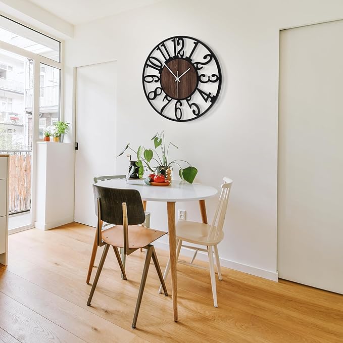 1st owned Large Wall Clock for Living Room Decor- 24" Decorative Antique Silent Non Ticking,Battery Operated,Black Metal,Wood Clocks for Farmhouse,Dining Room,Bedroom,Kitchen - Arabic Numerals