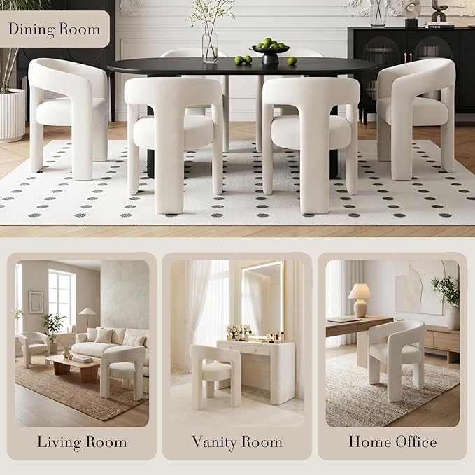 Modern Chenille Dining Chairs Set of 6, Upholstered Barrel Chairs with Arms Comfy Accent Side Chairs for Living Room/Dining Room/Reception, Beige