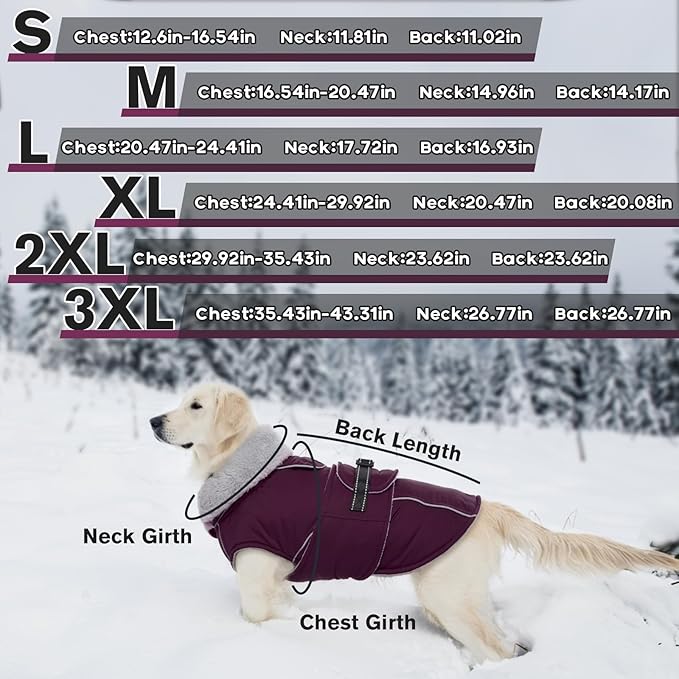 Lelepet Warm Dog Coat Reflective Fleece Vest Waterproof Dog Jacket with Adjustable Buckle Hook & Loop Windproof Cold Weather Coats for Small Medium Large Dogs, Dark Purple, XXL