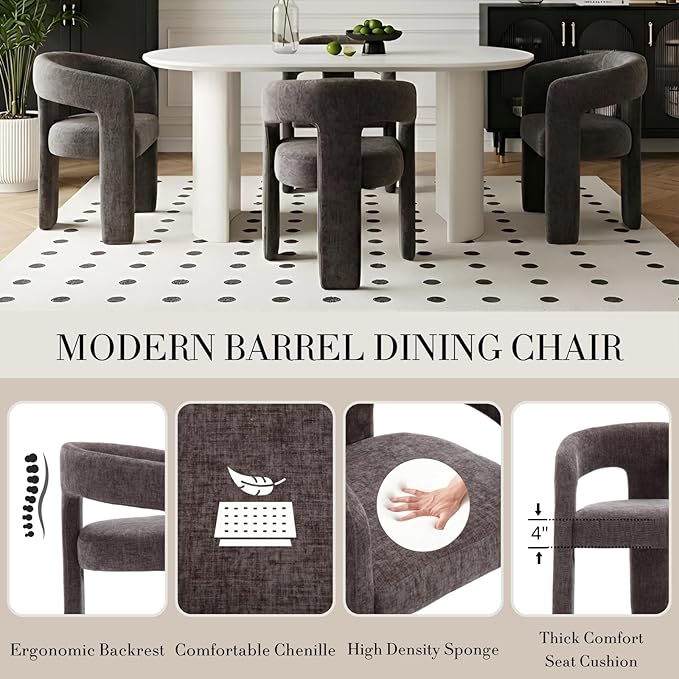 Modern Chenille Dining Chairs Set of 4, Upholstered Barrel Chairs with Arms Comfy Accent Side Chairs for Living Room/Dining Room/Reception, Charcoal Black