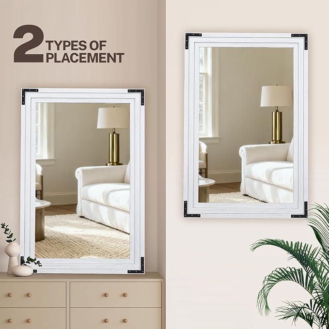 Full Length Mirror 36"x24" Solid Wood Frame Floor Standing Mirror, Hanging or Leaning Wall-Mounted for Living Room, Bedroom, Rustic White