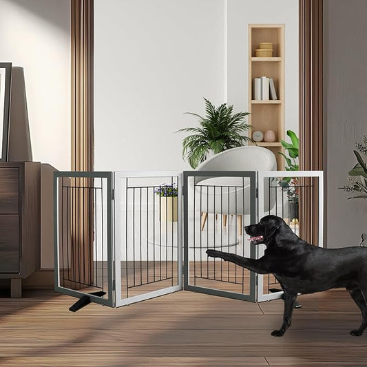ZJSF Freestanding Dog Gate Indoor, Foldable Dog Fence for Doorways,Hallways or Stairs, Sturdy Wood Extra Wide Pet Gate with Support Feet,Grey,32 "Height-4 Panels