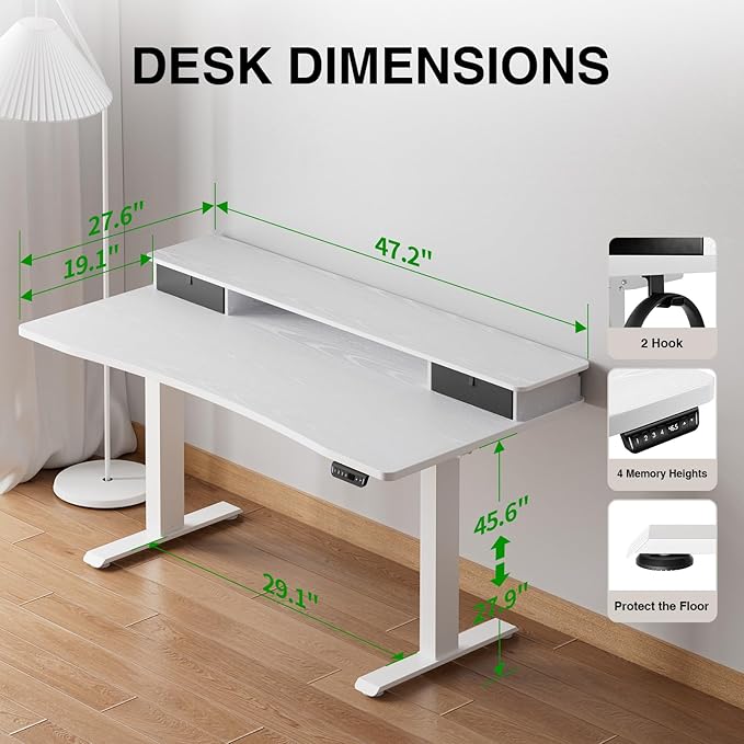 Veken 47.2"×27.6" Home Office Standing Desk with Monitor Riser, Adjustable Computer Desk with Drawers, Ergonomic Desk for Work, Study, Gaming, Crafting, White