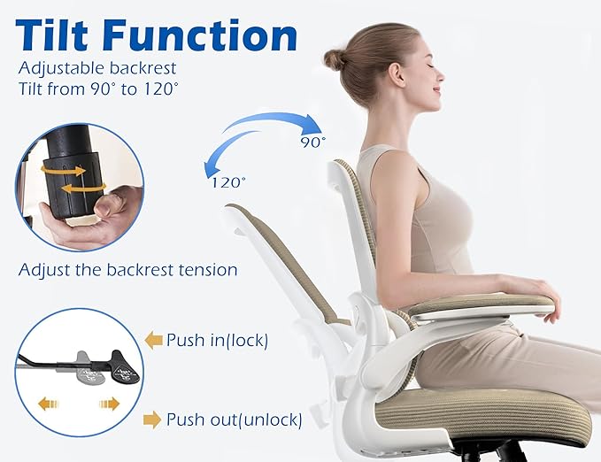 TRALT Ergonomic Office Chair - Desk Chair with Adjustable Lumbar Support Computer Chair - Mesh Comfy Chair with Flip-up Armrests - Gaming Chairs for Adults Home Office (PU Leather, Khaki)