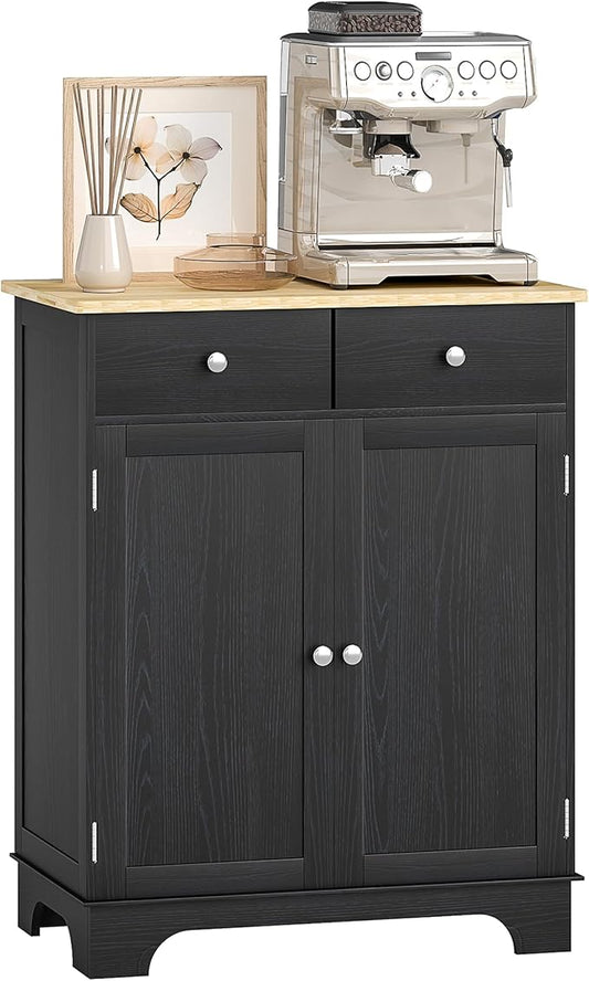 HOMCOM Sideboard with Solid Wood Countertop, Modern Kitchen Storage Cabinet, Coffee Bar Cabinet with 2 Drawers, Doors and Adjustable Shelf, Distressed Black
