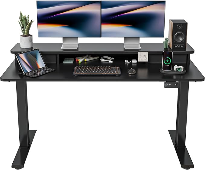 FEZIBO 55 x 24 Inch Height Adjustable Electric Standing Desk with Double Drawer, Stand Up Desk with Storage Shelf, Sit Stand Desk, Black