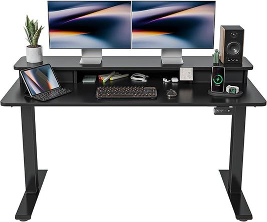 FEZIBO 55 x 24 Inch Height Adjustable Electric Standing Desk with Double Drawer, Stand Up Desk with Storage Shelf, Sit Stand Desk, Black