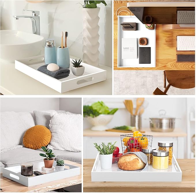 Acrylic Serving Trays with Handles, 16"x 12" Rectangle Sturdy Breakfast Tray, White Decorative Trays Organiser for Bedroom, Kitchen, Living Room, Bathroom, Hospital and Outdoors