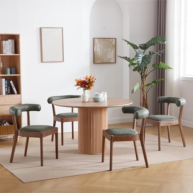 Kmax Dining Room Chairs Mid-Century Modern PU Kitchen Chairs with Natural Walnut Finished Frame, PU Curved Back, Set of 6, Green