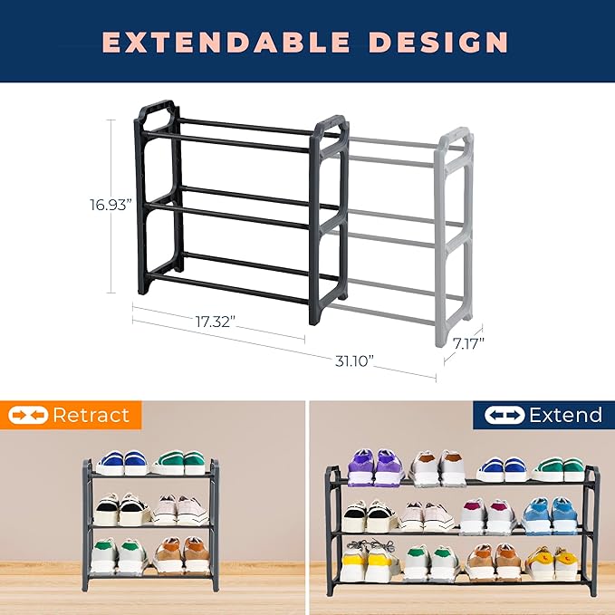 Happhom 3-Tier Expandable Shoe Organizer - Space Saver Shoe Shelf with Smart Design for Closet, Entryway and Small Spaces, Dark Grey (CSR-01)