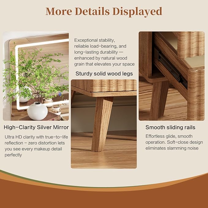 Large Makeup Vanity Desk with Mirror and Lights, Vanity Desk with 6 Drawers & Storage Shelves, Vanity Table with Power Outlet, 3 Color Modes & Adjustable Brightness Dressing Table, Bedroom,Wood