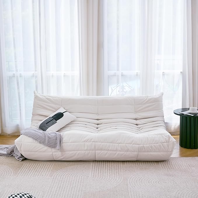 N&V Fireside Chair, Mid Century Armless Floor Sofa, Soft Premium Microfiber Floor Lounge Chair, Foam Sofa Accent Chair for Living Room Bedroom and Office (Ivory, Three Seater)