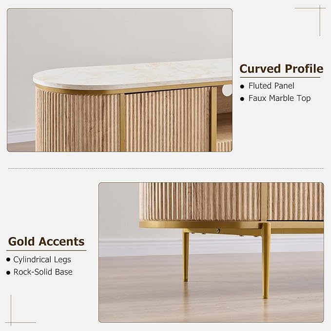 OKD Luxury 70" Fluted TV Stand, Modern Chic Entertainment Center for TVs Up to 80 inches, TV Console with Faux Marble Top, Curved Profile Design, Media Console for Living Room, Natural Oak