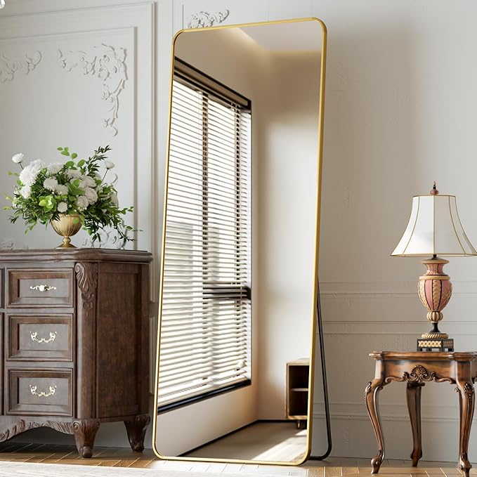 65"x24" Floor Full Length Mirror Standing Full Body Rounded Corner Rectangle Mirrors with Stand Hanging Wall Mounted Leaning Bedroom Living Room Bedroom Cloakroom,Gold