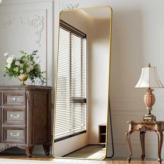 65"x24" Floor Full Length Mirror Standing Full Body Rounded Corner Rectangle Mirrors with Stand Hanging Wall Mounted Leaning Bedroom Living Room Bedroom Cloakroom,Gold