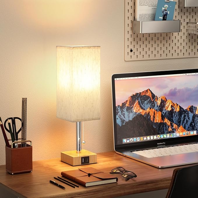 aooshine Wood Grain Bedside Table Lamps Set of 2 - Bedroom Lamps with 3 Color Temperatures (3000K/5000K/4000K), Square Nightstand Lamp with USB C + A Charging Ports