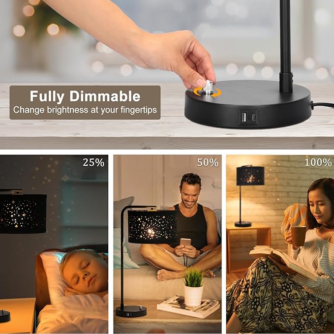 Bedside Table Lamp with USB C+A Ports, Fully Dimmable Modern Nightstand Side Lamps with Stars Shade, Tall Desk Reading Lamps for Living Room Bedroom 3000k LED Bulb Included