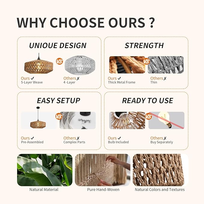 14'' Natural Rattan Chandelier Small Rattan Pendant Light -Farmhouse Boho Hanging Light with Included E27 Bulb, 120V Wicker Chandelier for Dining Room Bedroom Living Room Island