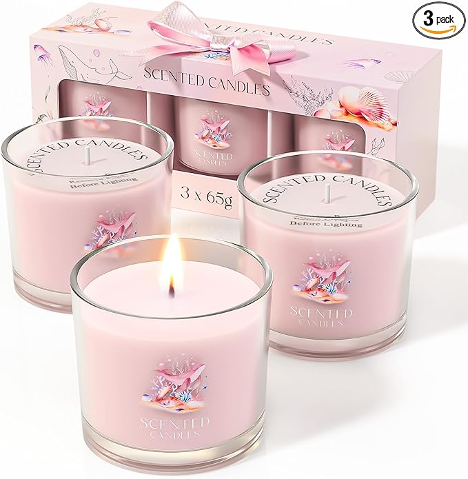 Scented Candles Gifts for Women, Candle Gift Set for Her, 3 Pink Ocean Candles, Birthday Gifts for Women/Men (Pink, 7 oz)