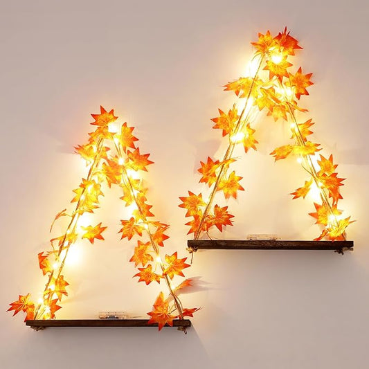 Floating Shelves for Wall, Hanging Shelves with Artificial Maple Leaves LED String Light, No Drilling Hanging Shelf, Wood Hanging Plant Shelves for Wall Décor, Boho Decor, Art Bedroom