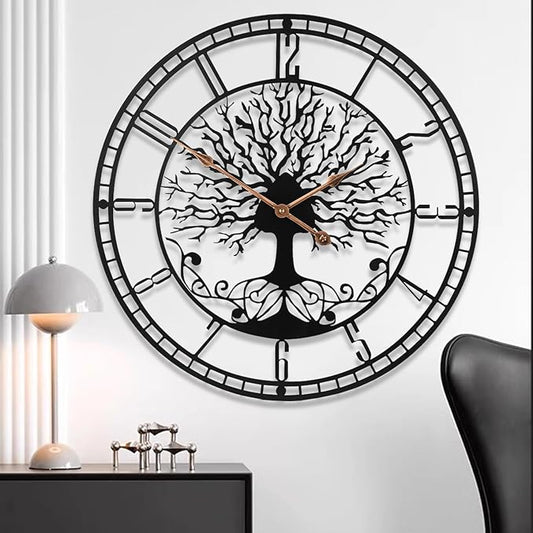 Tree of Life Wall Clock, 24inch Black Metal Wall Clock, Silent Quartz Movement, Modern Home Decor