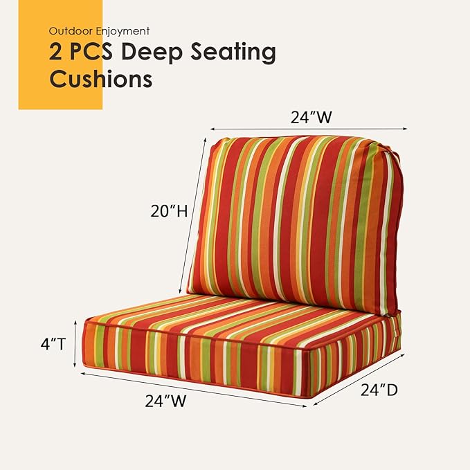 Outdoor Cushions for Patio Furniture Set of 2, 24"x24" Water Repellent Chair Cushions Removable Seat Bottom & Back Cushion Covers for Chair, Sofa, Couch, Rainbow Stripe